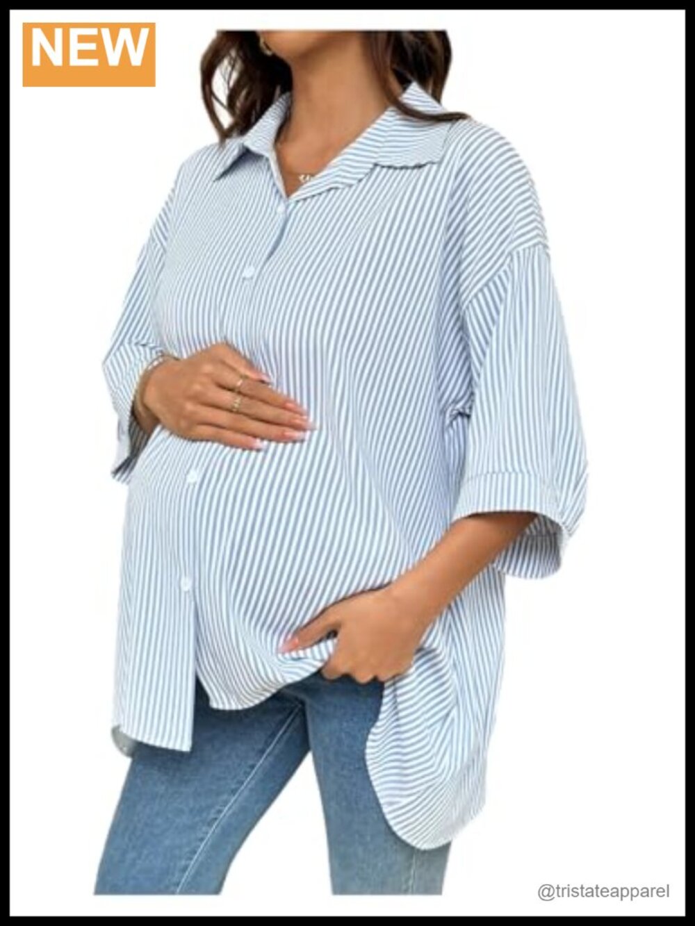 Maternity Striped Blouse Half Sleeve Button Down Collared